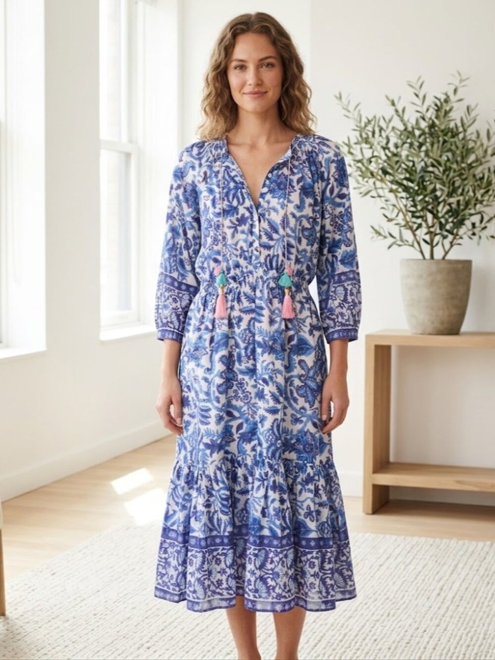 Bell by Alicia Bell | Block Print Midi dress | Cotton + Silk | Like New! | Large